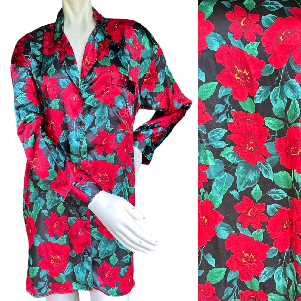 Victorias Secret Gold Label Satin Floral Print Collared Button Down Sleep Shirt